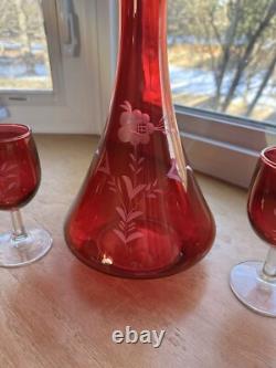 MCM Red Cranberry Decanter WithStopper And 6 Goblet Set Etched Floral Wine Vintage