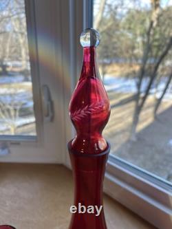 MCM Red Cranberry Decanter WithStopper And 6 Goblet Set Etched Floral Wine Vintage