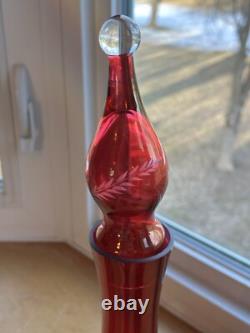 MCM Red Cranberry Decanter WithStopper And 6 Goblet Set Etched Floral Wine Vintage