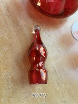 MCM Red Cranberry Decanter WithStopper And 6 Goblet Set Etched Floral Wine Vintage