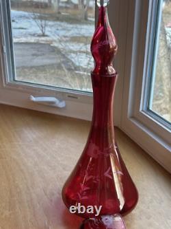 MCM Red Cranberry Decanter WithStopper And 6 Goblet Set Etched Floral Wine Vintage