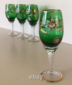 MURANO GLASS VTG. Wine Glasses Hand Painted 24K 4 Oz. Italy UNUSED