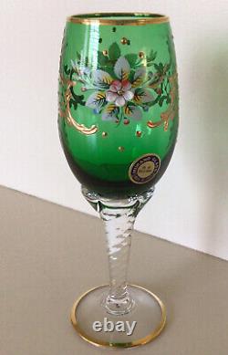 MURANO GLASS VTG. Wine Glasses Hand Painted 24K 4 Oz. Italy UNUSED