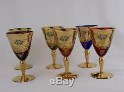 MURANO VENETIAN Vtg Italian 22K Gold Applied Floral White Wine Glasses Set of 6