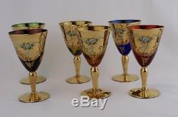 MURANO VENETIAN Vtg Italian 22K Gold Applied Floral White Wine Glasses Set of 6