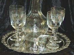 Magnificent Vintage Hand Etched Crystal Set Wine Decanter & 5 Glasses & Silver P