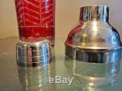 Martini Cocktail Shaker VTG Red colored cut clear glass BAR cocktail WINE olive