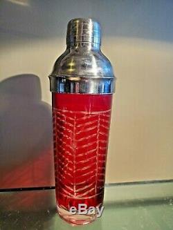 Martini Cocktail Shaker VTG Red colored cut clear glass BAR cocktail WINE olive