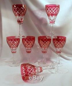 Matched Set 7 Bohemian Cranberry Cut to Clear Wine Goblets, Excellent Condition
