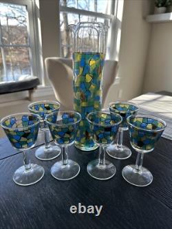 Mid Century Modern Mosaic Pattern Handleless Pitcher & 6 Wine Glasses