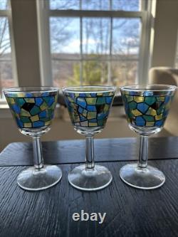 Mid Century Modern Mosaic Pattern Handleless Pitcher & 6 Wine Glasses