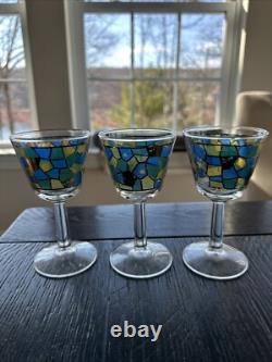 Mid Century Modern Mosaic Pattern Handleless Pitcher & 6 Wine Glasses