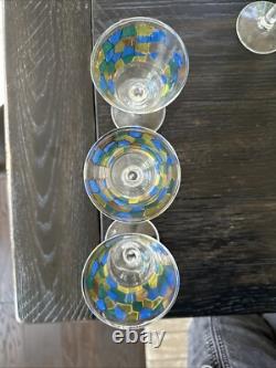 Mid Century Modern Mosaic Pattern Handleless Pitcher & 6 Wine Glasses