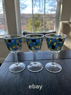 Mid Century Modern Mosaic Pattern Handleless Pitcher & 6 Wine Glasses
