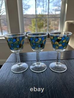 Mid Century Modern Mosaic Pattern Handleless Pitcher & 6 Wine Glasses