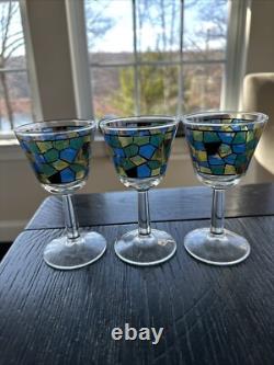 Mid Century Modern Mosaic Pattern Handleless Pitcher & 6 Wine Glasses