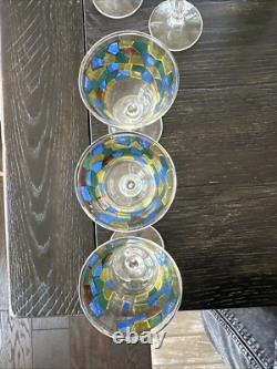 Mid Century Modern Mosaic Pattern Handleless Pitcher & 6 Wine Glasses