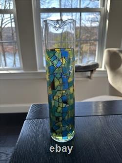 Mid Century Modern Mosaic Pattern Handleless Pitcher & 6 Wine Glasses
