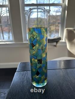 Mid Century Modern Mosaic Pattern Handleless Pitcher & 6 Wine Glasses