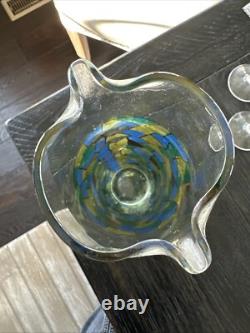 Mid Century Modern Mosaic Pattern Handleless Pitcher & 6 Wine Glasses