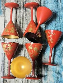 Mid Century Red & Gold Floral Gilt Cordial Laquerware 30-40s Japan Handpainted 7