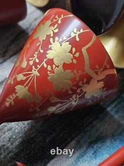 Mid Century Red & Gold Floral Gilt Cordial Laquerware 30-40s Japan Handpainted 7