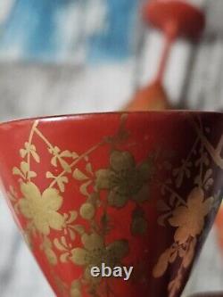 Mid Century Red & Gold Floral Gilt Cordial Laquerware 30-40s Japan Handpainted 7