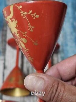 Mid Century Red & Gold Floral Gilt Cordial Laquerware 30-40s Japan Handpainted 7