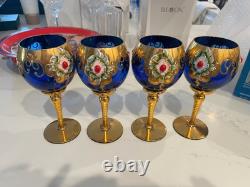 Murano Tre Fuochi Venetian Cobalt Blue 24K Gold Vintage Wine Glasses Set Of 4