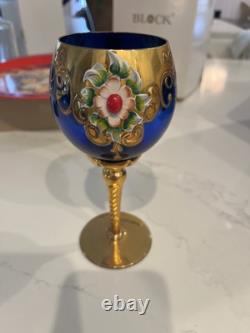Murano Tre Fuochi Venetian Cobalt Blue 24K Gold Vintage Wine Glasses Set Of 4