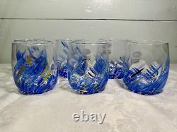 Murano White Cristal Blue Confetti Glass Stemless Wine Tumblers Hand Made Italy