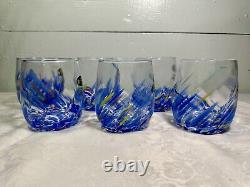 Murano White Cristal Blue Confetti Glass Stemless Wine Tumblers Hand Made Italy