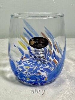 Murano White Cristal Blue Confetti Glass Stemless Wine Tumblers Hand Made Italy