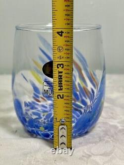 Murano White Cristal Blue Confetti Glass Stemless Wine Tumblers Hand Made Italy
