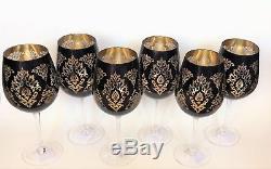 New Set Of 6 Black+gold+clear, Vintage Style All Purpose Wine, Goblet Glass