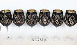 New Set Of 6 Black+gold+clear, Vintage Style All Purpose Wine, Goblet Glass