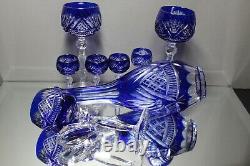 Nine (9) Vintage Nachtmann Blue Cobalt Cut To Clear Decanter Wine Hock Cordial