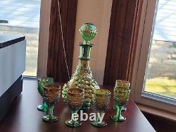 Old Green Carnival Glass Imperial Grape 8 Piece Wine Set