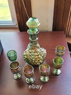 Old Green Carnival Glass Imperial Grape 8 Piece Wine Set