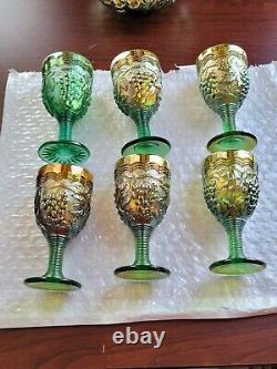 Old Green Carnival Glass Imperial Grape 8 Piece Wine Set