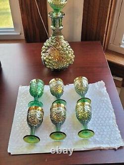 Old Green Carnival Glass Imperial Grape 8 Piece Wine Set