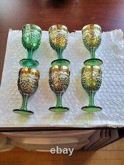 Old Green Carnival Glass Imperial Grape 8 Piece Wine Set