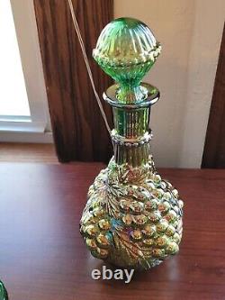 Old Green Carnival Glass Imperial Grape 8 Piece Wine Set