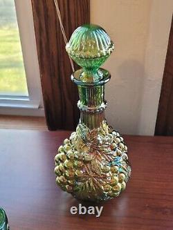 Old Green Carnival Glass Imperial Grape 8 Piece Wine Set