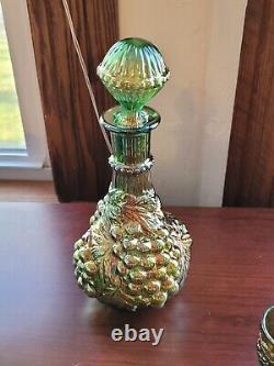 Old Green Carnival Glass Imperial Grape 8 Piece Wine Set