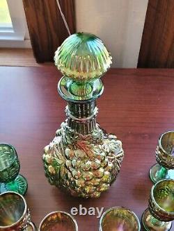 Old Green Carnival Glass Imperial Grape 8 Piece Wine Set