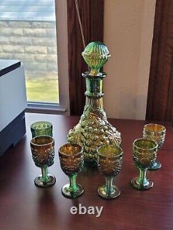 Old Green Carnival Glass Imperial Grape 8 Piece Wine Set