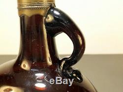 PAIR 19th C. Antique English Dark Amber Blown Glass Wine Jug Bottles Brass Tops