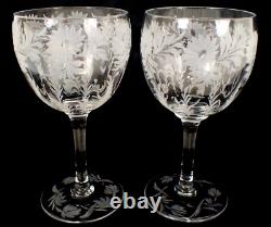 PAIR Vtg LIBBEY Signed Hand Blown Wheel Cut Crystal Wine Water Glass Goblet