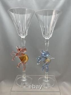 Pair Vintage Blue Pink Gold Elephant Wine Stem Glass Murano Italy Gender Reveal